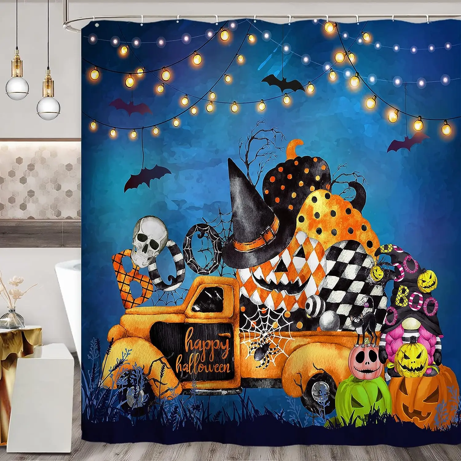 Bathroom Halloween Gnome Truck Shower Curtain Pumpkin Trick-or-Treaters Spooky Witch Spooky Skull Fabric Shower Curtain Festive