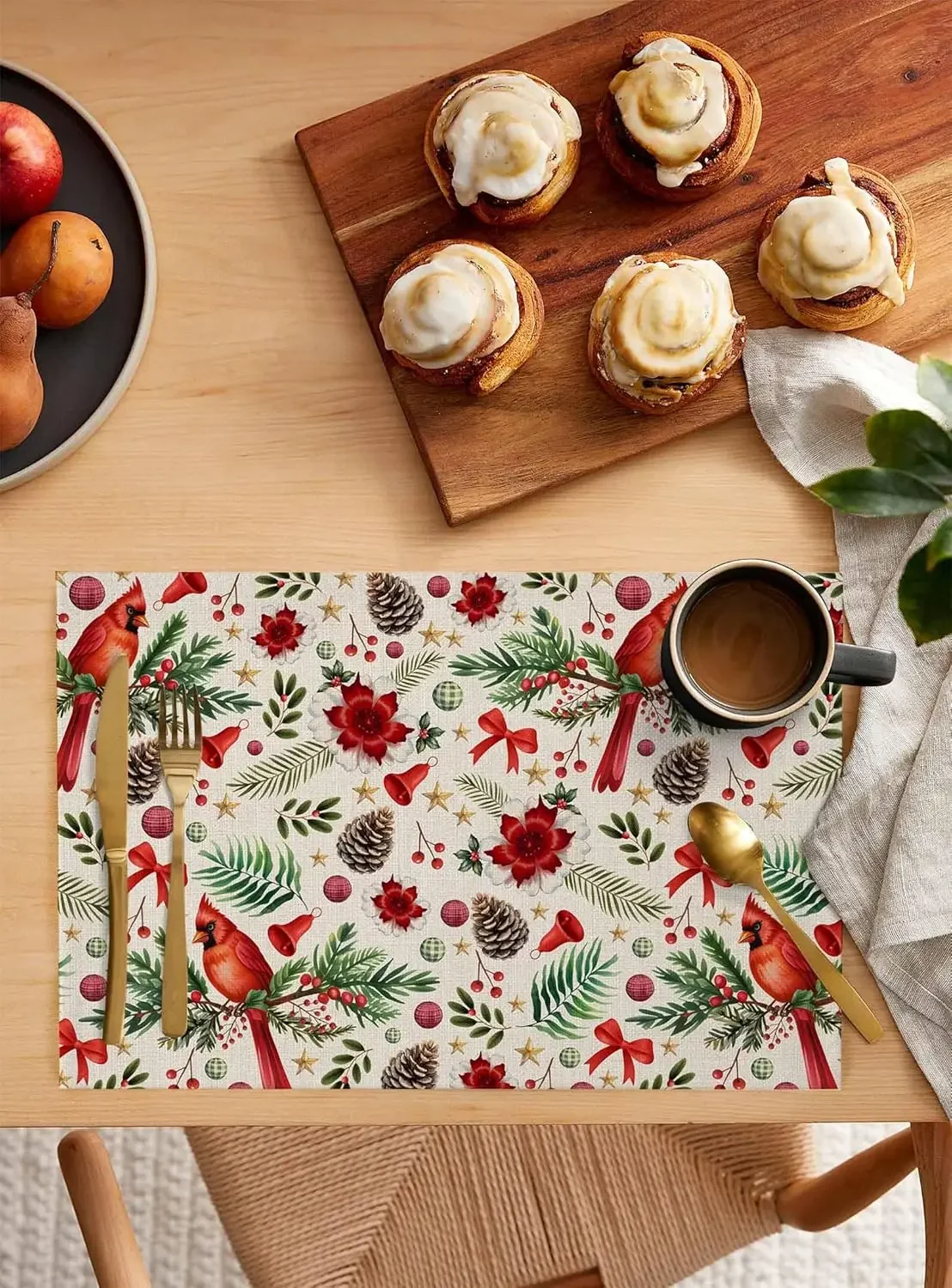 Christmas Cardinals Bird Pine Cone Placemats for Kitchen Decor Washable Winter Holiday Kitchen Placemats Navidad Decorations