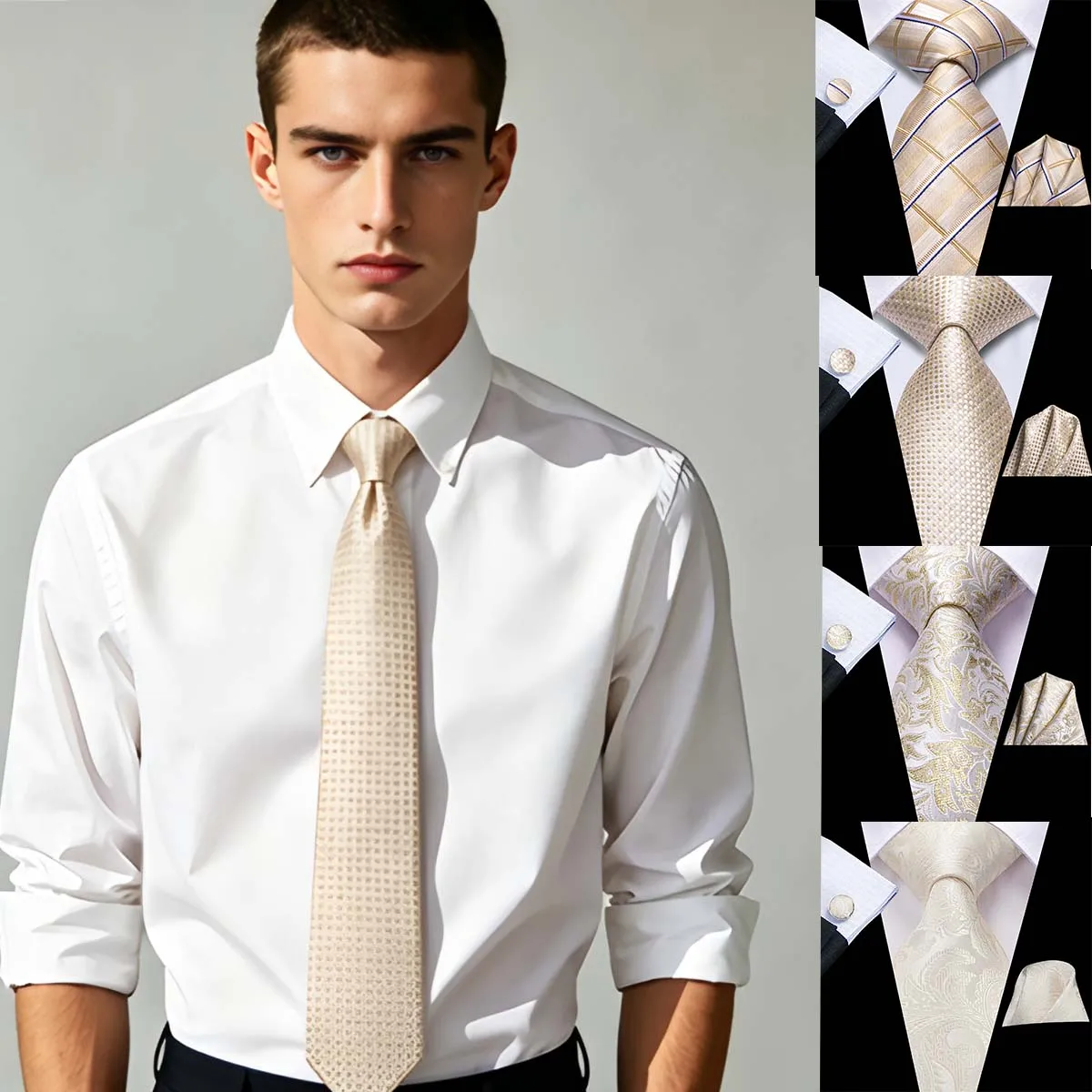 Champagne Tie Set 3Pcs Men Necktie Pocket Square Cufflinks Formal Wedding Business Accessories