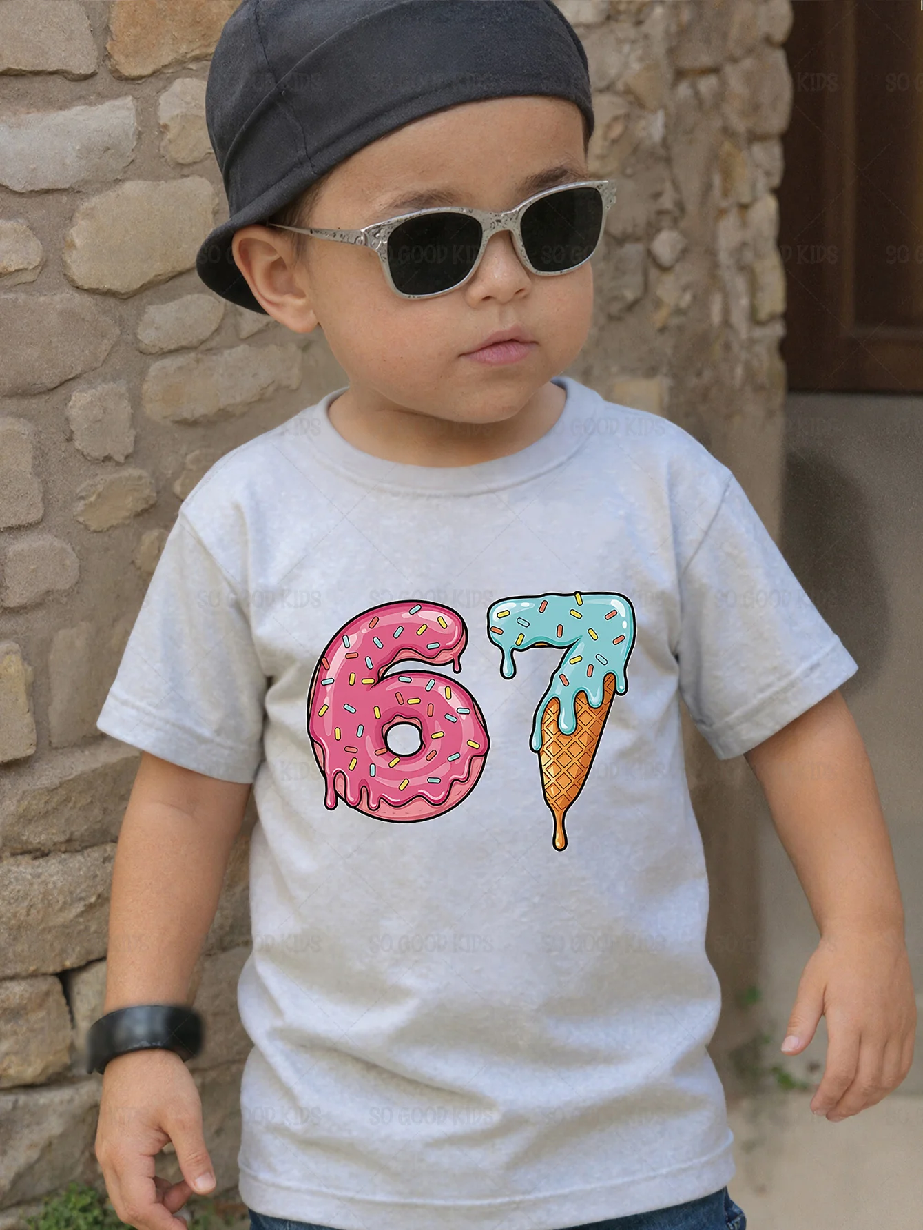 Cute Sprinkle Donut And Melting Ice Cream Number Art Print Kids T Shirt Boys Girls Family Matching Summer Crew Neck Casual Tee