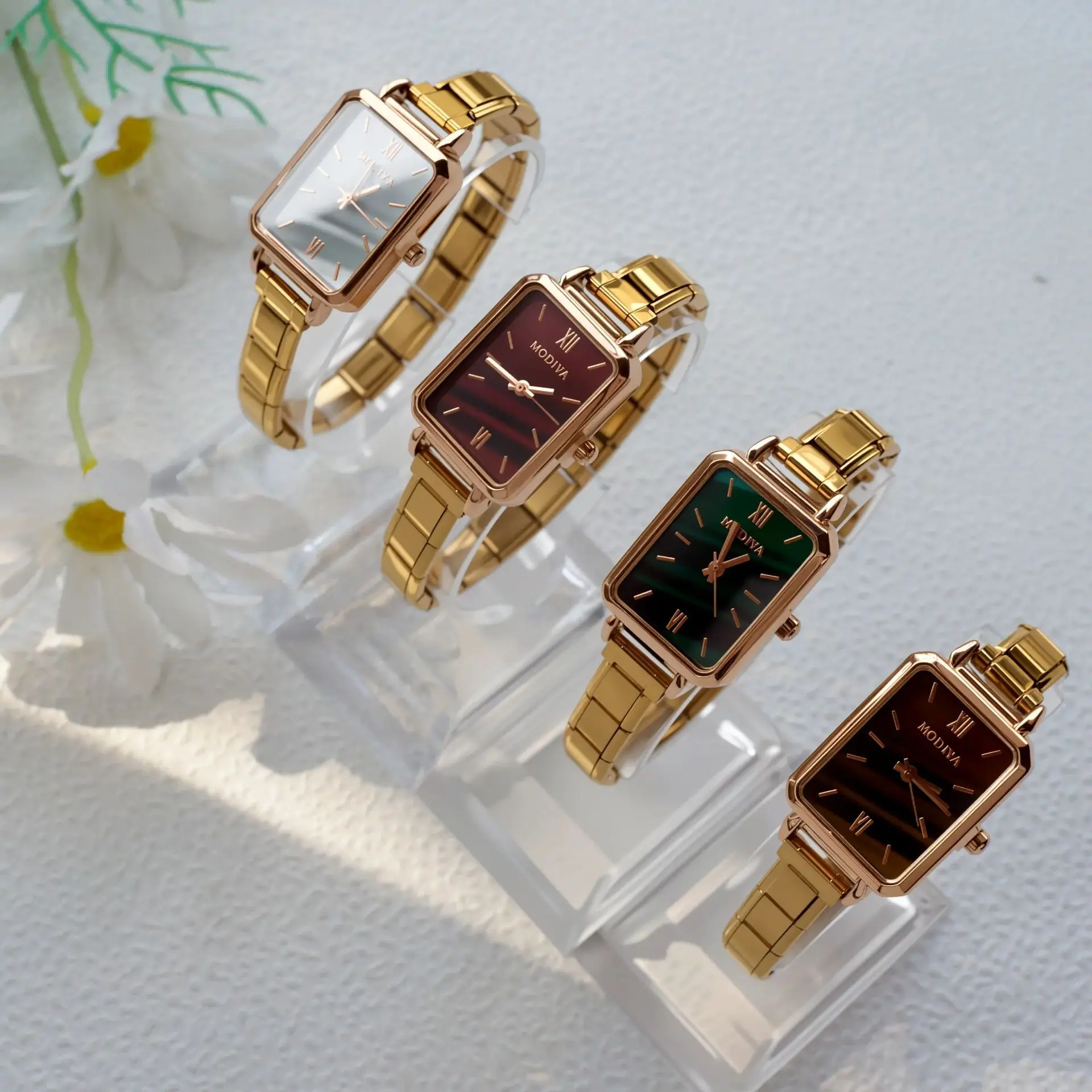 European Fashion Ladies Modular Bangle Watch Rectangular Gradient Dial Quartz Wristwatch All‑match Metal Bracelet Wrist Watch