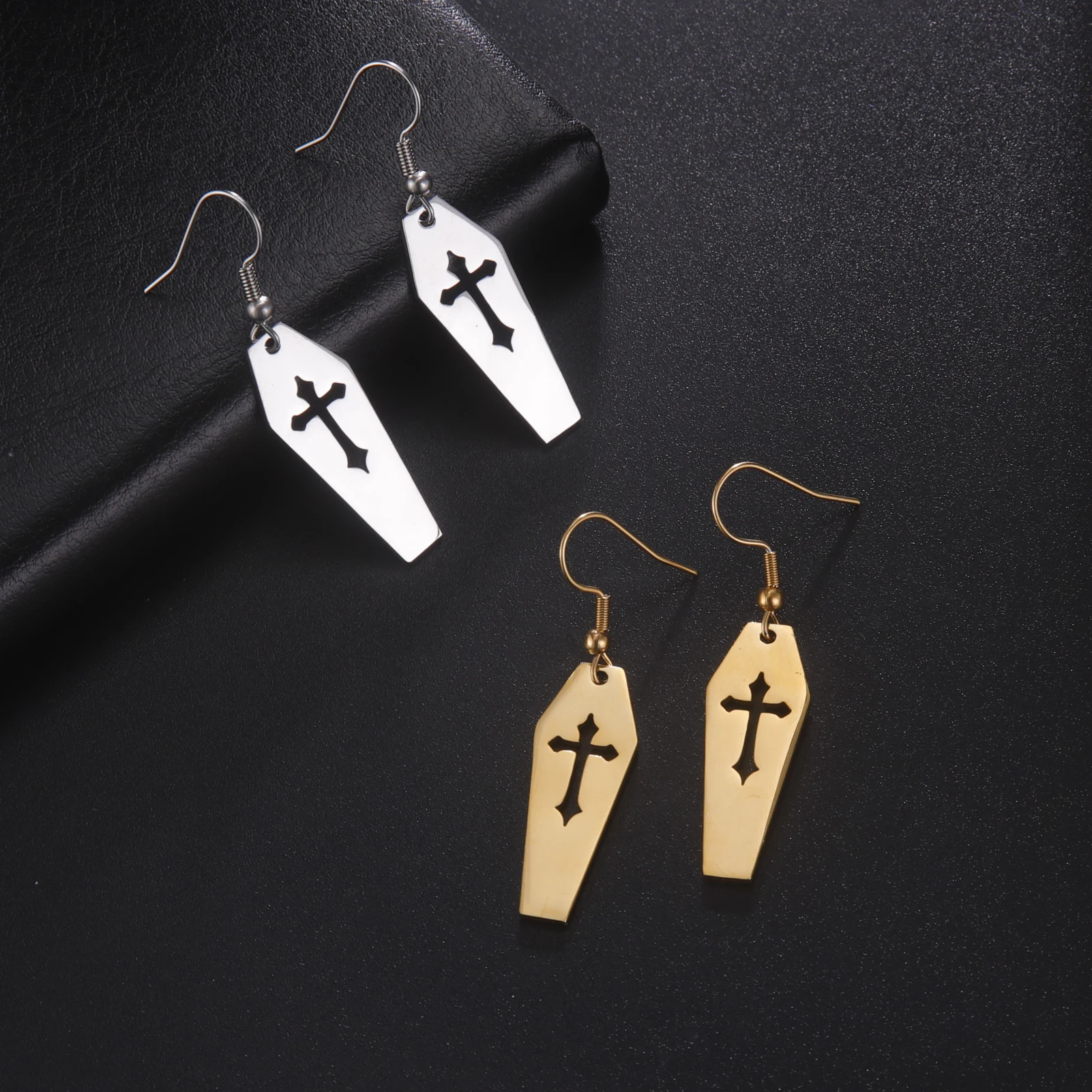 Gothic Death Cross Cutout Coffin Earrings Drop Earring Women Stainless Steel Goth Punk Jewelry Y2k Accessories Halloween Gift