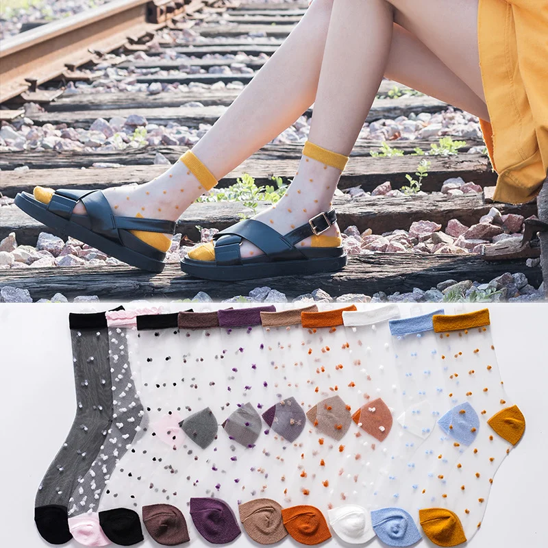 10 Pairs Hot Summer Cool Colorful Glass Silk Socks Women's Rainbow Wave Dot Transparent Thin Style Crystal Silk Socks