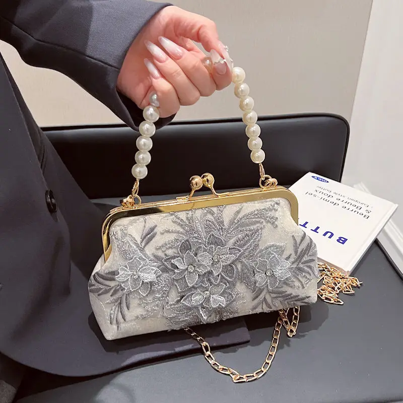 Vintage Handbag Flowers Lace mesh Pearl Chian Antique Cheongsam Banquet bag Rhinestone High-end Women's bag Shoulder Crossbody