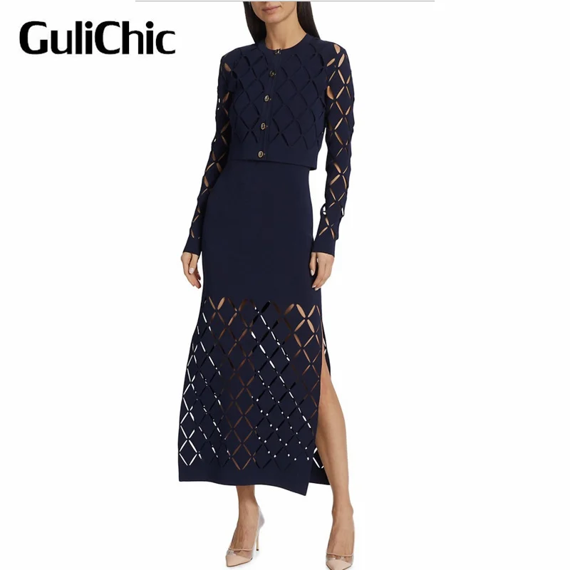 1.8 GuliChic Sexy Temperament Hollow Women's Dresses Solid Color Elegant 2024 Spring Design Office Ladies Fashion Womne Clothing