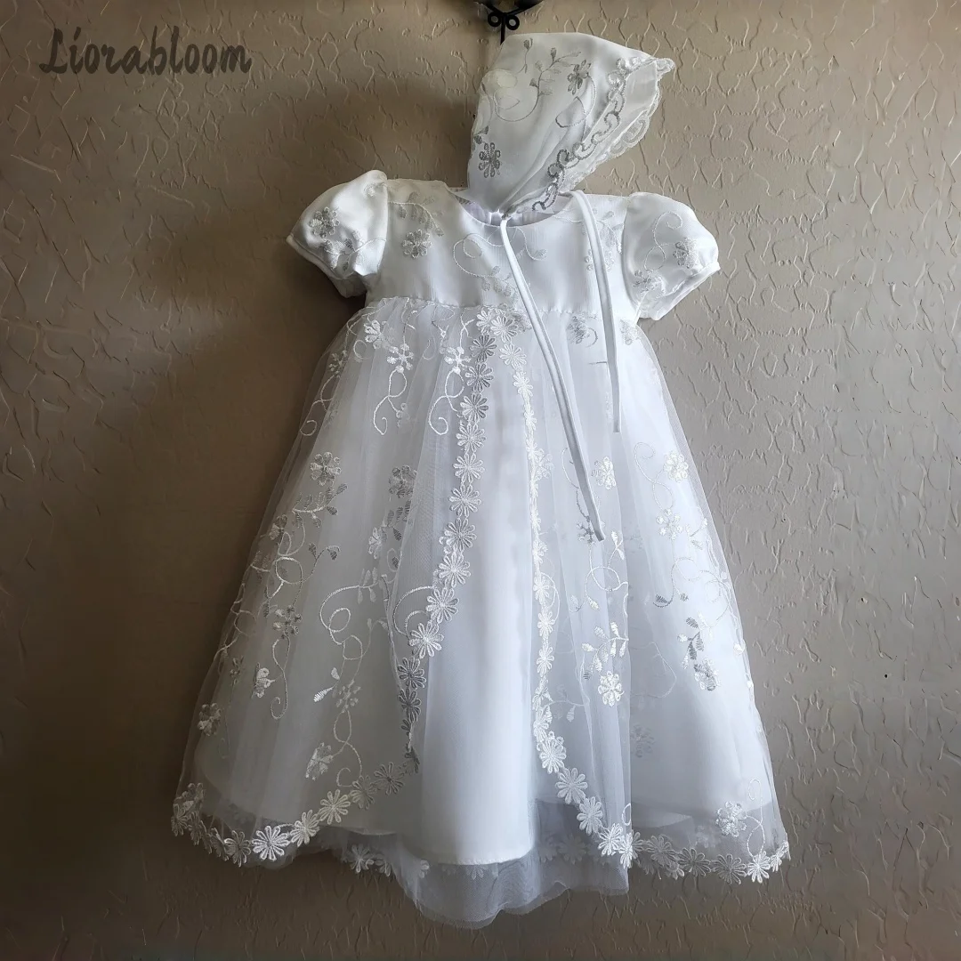 

Girls' Exquisite White Tulle Gown Custom Lace-Embroidered Flower Girl Dress Wedding Party Attire свадебное платье