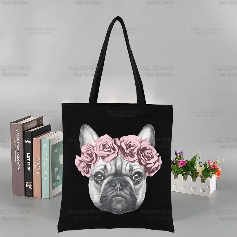 French Bulldog Graphic Harajuku Fashion Shopping Kawaii Dog Lover Black Bags Canvas Tote Bag Cloth Bag Handbag Shoulder Bags