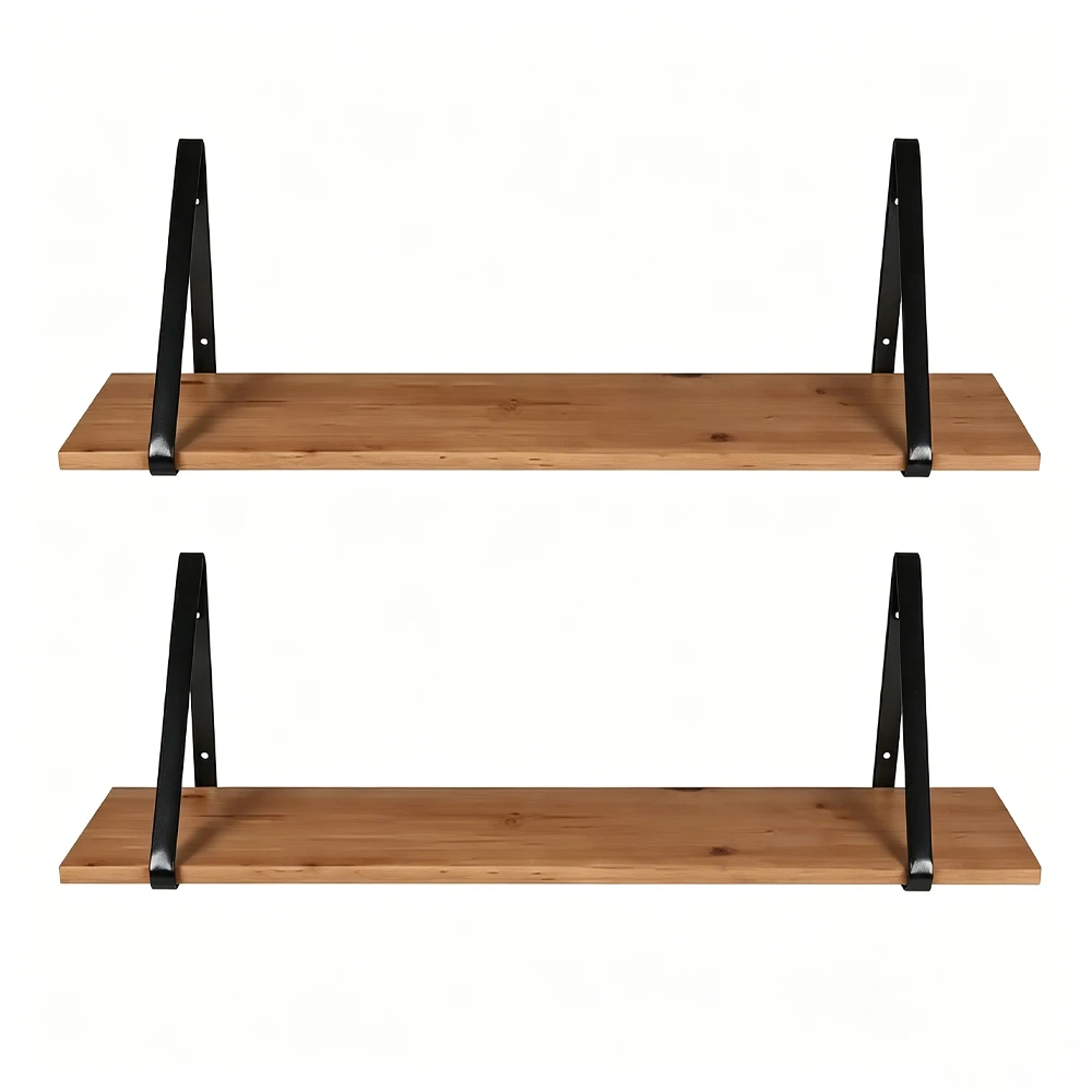 Floating Shelves with Black Metal Brackets Set of 2, Light Wood Wall Bookshelf for Bedroom Over Desk Bed, Hanging Shelf