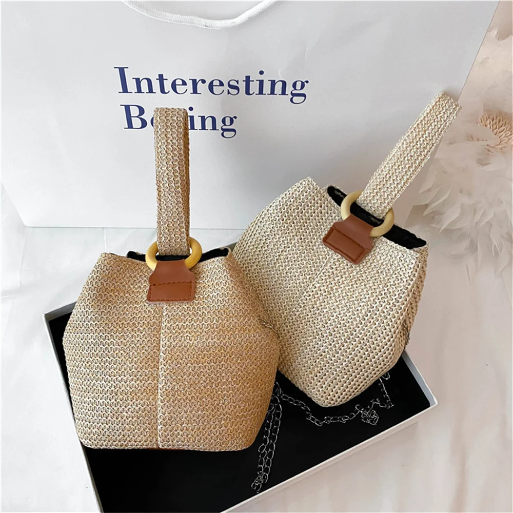 Women's Sprockets Straw Beach Tote Bag Casual Vacation Knit Wristlet Shopping Bag Ladies Handmade Bucket Bags Handbag Bolsas