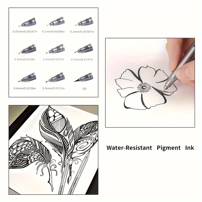 9pcs Fineliner Pens Set Waterproof Fine Tip Micro Pens for Artist Illustration Calligraphy Sketching Technical Drawing