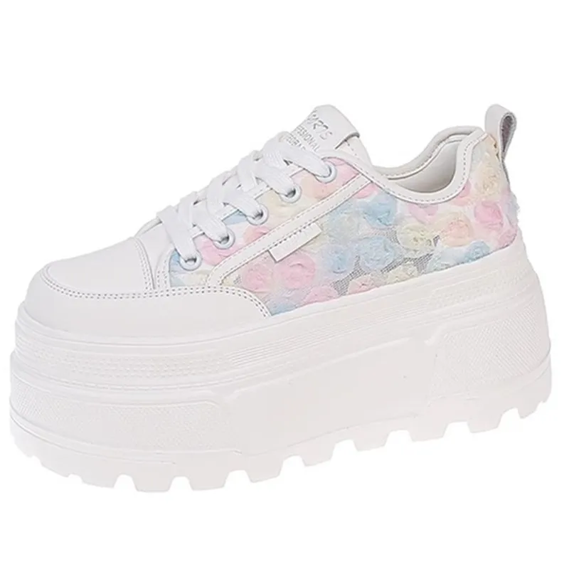 

Pop 2025 New Summer Floral Lace Mesh Platform White Sneakers For Women - Elevated Casual Shoes