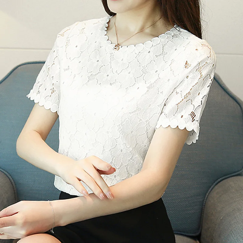 New Fashion Summer Short Sleeve Blouse Lace Women\'s Tops Sweet O-neck Clothing Elegant Shirt White Hollow Out D710