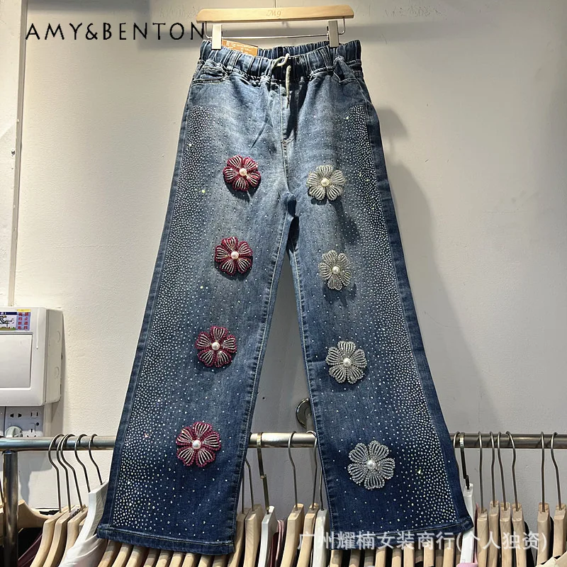 

American Heavy Rhinestone 3D Flower Elastic Waist Wide Leg Jeans Fashion Slim Fit Versatile Daily Casual Full Length Trousers