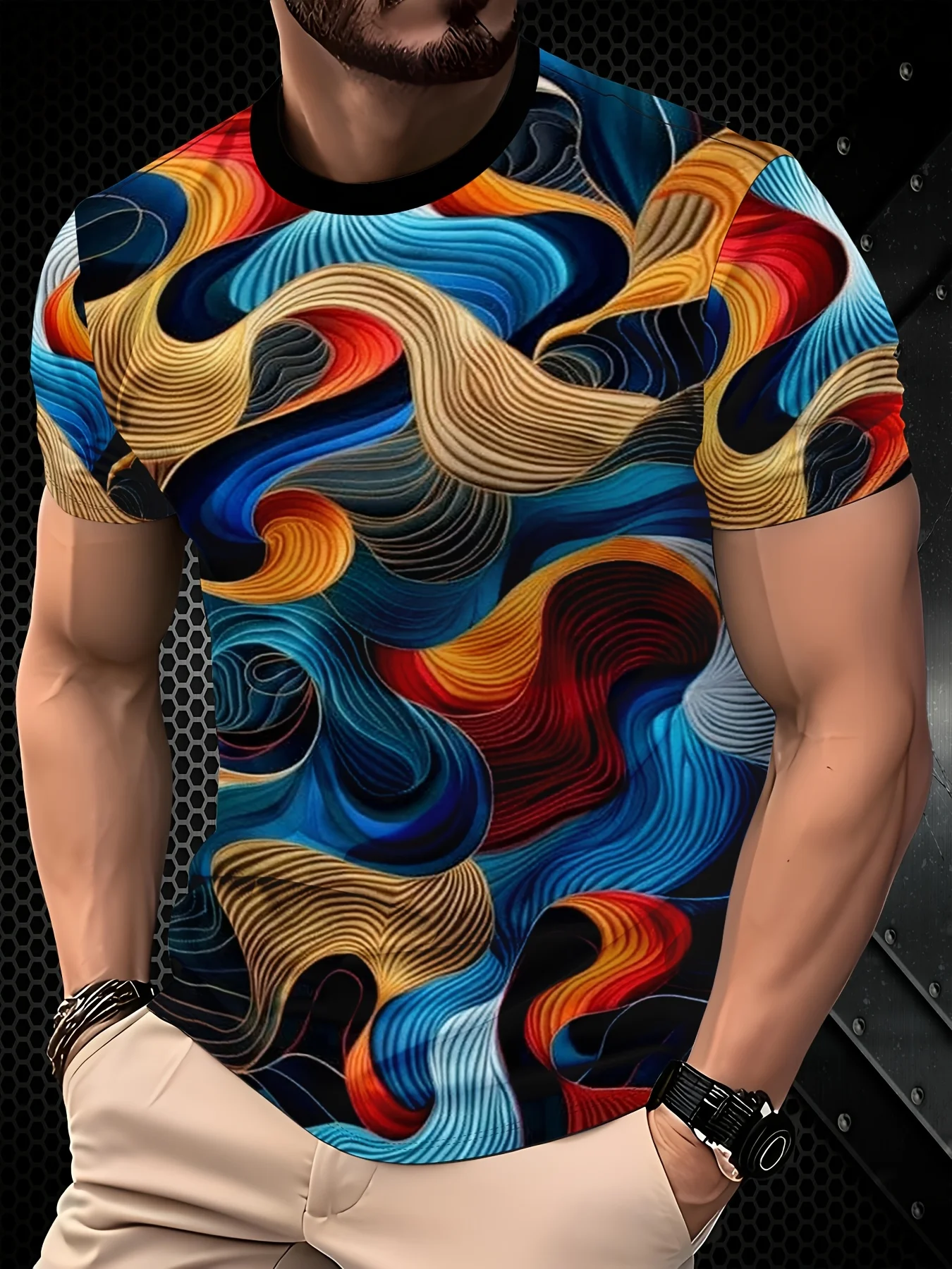 Men Multicolor Wave Line Abstract Allover Print Tee O Neck Short Sleeve Casual Top