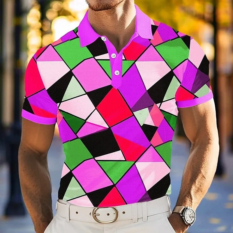 Men's Polo Shirt Summer Trend 3D Color Block Print Lapel Button Top Casual Flower Pattern