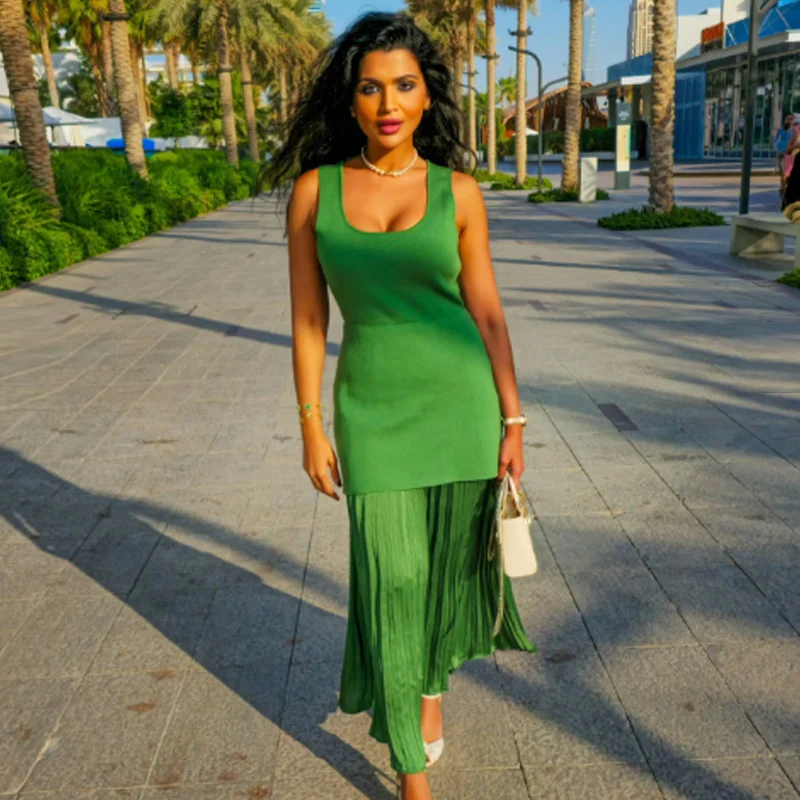 HXAO 그린 플리츠 드레스 여성용 드레스 여름 2025 우아한 니트 패치워크 롱 드레스 민소매 베스티도스 하이 스트리트 드레스