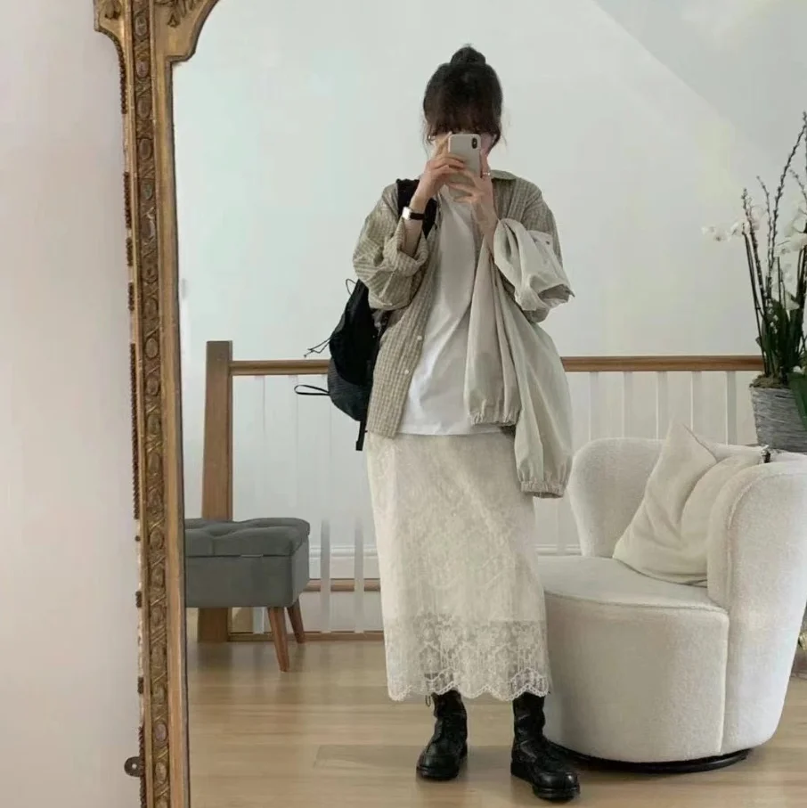 

Slimming High Waist Pure Color Embroidered Lace f Body Skirt Korean Sle A-Line Cotton Casual Women's Faion 2025
