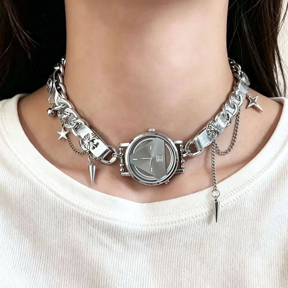 Fashion Choker Necklace Women Watch Stainless Steel Chain Star Pendant Quartz Watch Necklace Gothic Jewelry Relogio Feminino
