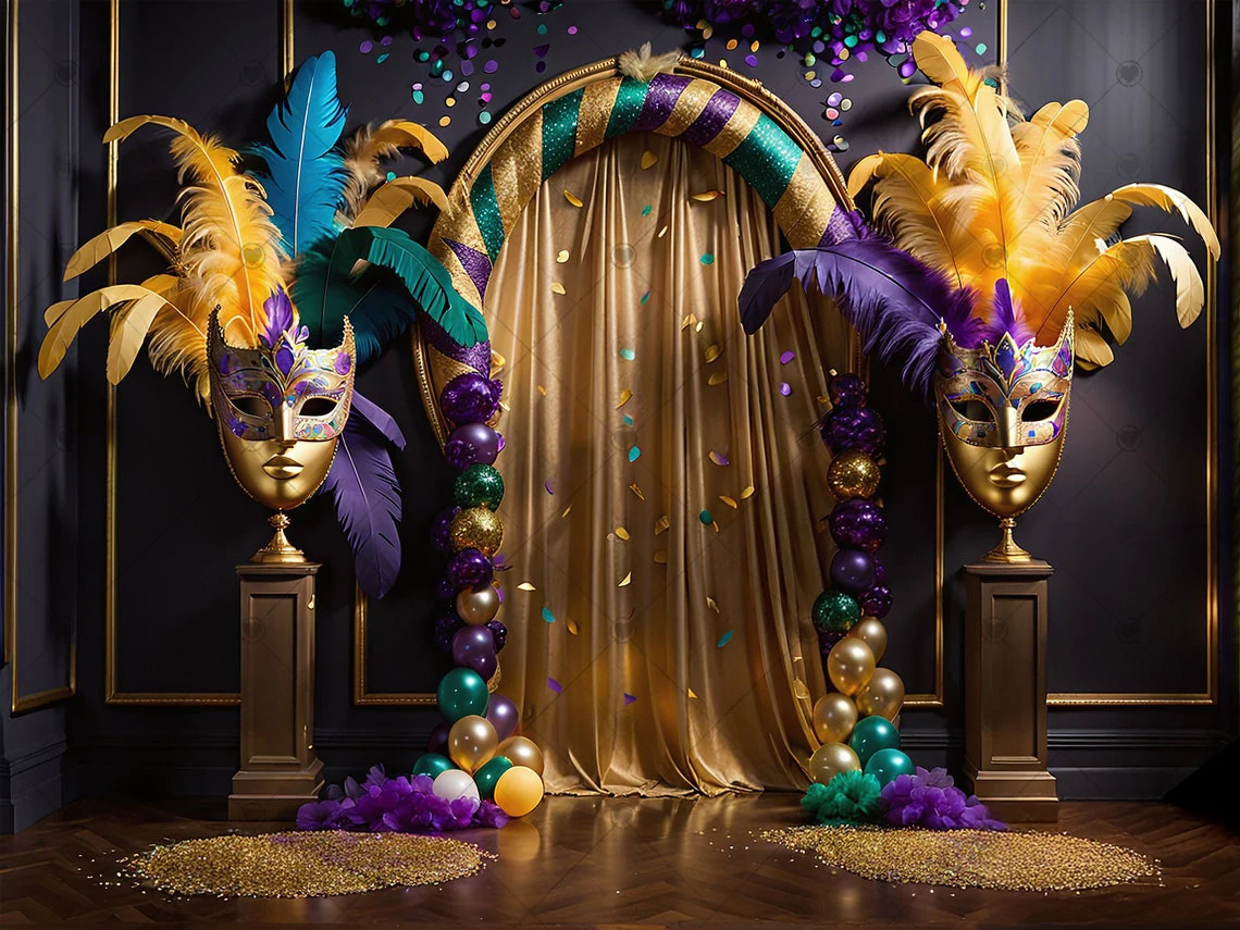 

Mardi Gras Mask Feathers Balloons Birthday Festive Vintage Arch backdrops party supplies Photography Studio Backgrounds