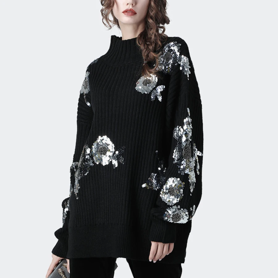 العلامة التجارية الفاخرة مصمم المدرج سترة المرأة الشتاء أنيقة الزهور الترتر مطرز الخفافيش كم فضفاض عالية طوق الدافئة محبوك القمم