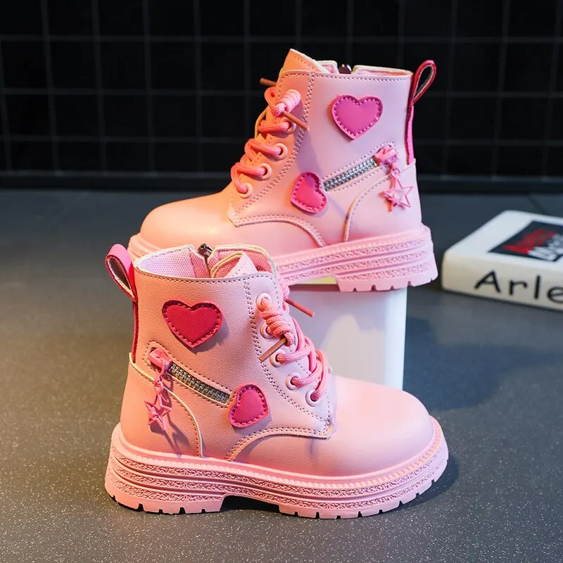 Girls Ankle Boots Fashion Princess PU Leather Rubber Outsole Children\'s Short Boots Autumn Winter Zipper Pink with Love Heart