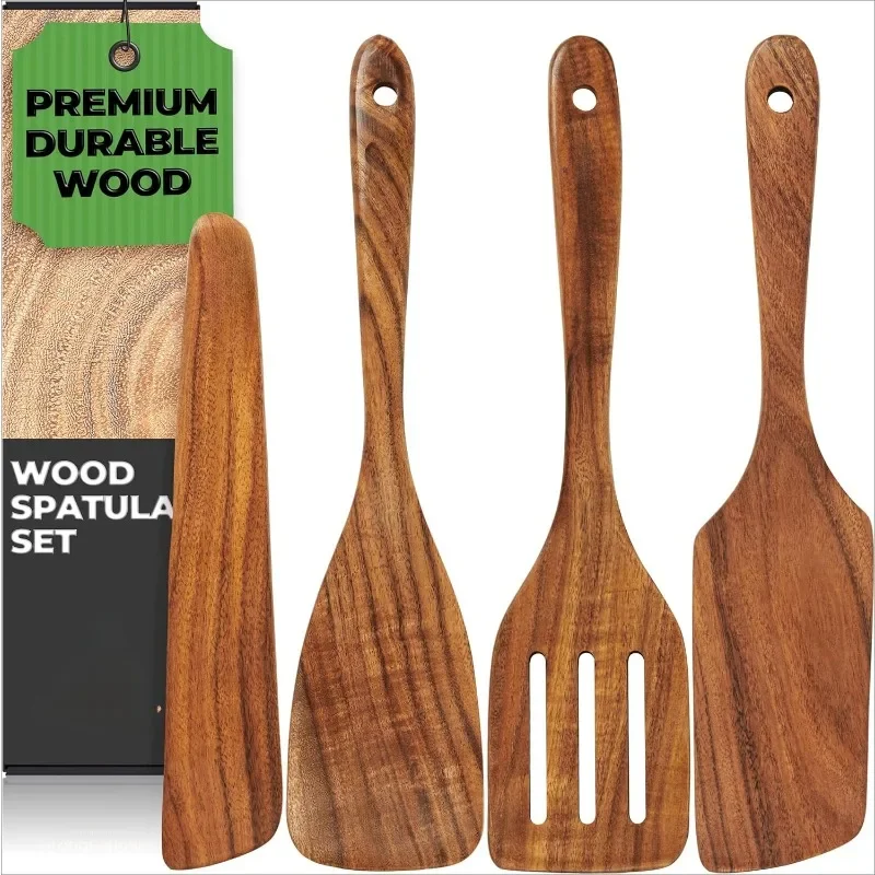 

Kitchen Set of 4, Natural Teak Wooden Utensils including Paddle, Turner Spatula, Slotted Spatula and Wood Scraper. .