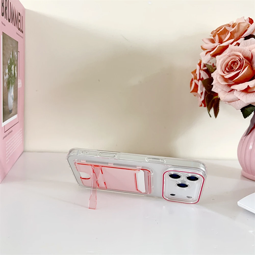 Fashion Transparent Card Holder Slot Bracket Case For iPhone 17 16 15 14 13 Pro Max Plus Wallet Folding Stand Candy Color Cover view 6