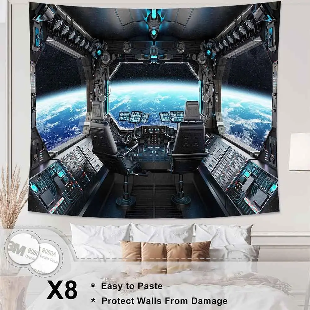 Space Station Tapestry Spaceship Window View Cosmic Backdrop Flannel Wall Art for Living Room Bedroom Dorm Decor
