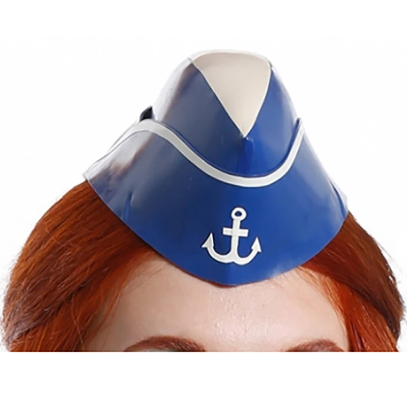 

Blue And White Sexy Latex Sailor Hat Uniform With Rubber Side Cap JC-0063