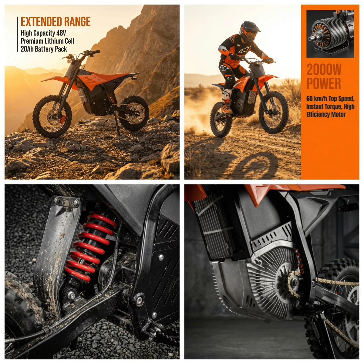 

2000W Hydraulic Brake Electric Dirt Bike 48V 20Ah 3 Speed Zero Start 14x12 Fat Tire Off-Road