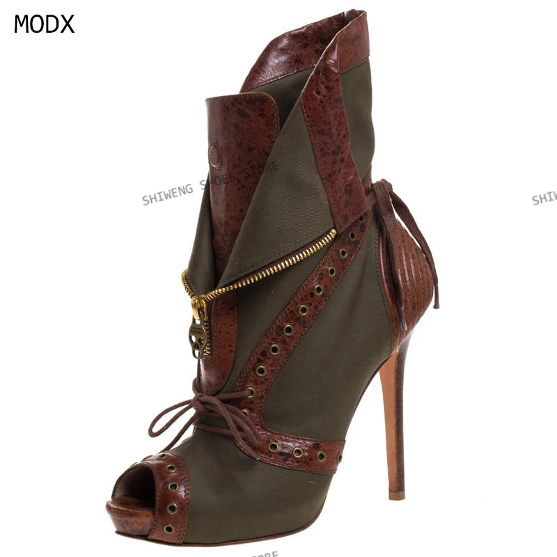 2026 Women Mutilcolor Zipper Design Peep Toe Sandals Runway Retro Front Lace Up Stiletto High Heel Ankle Boots 44