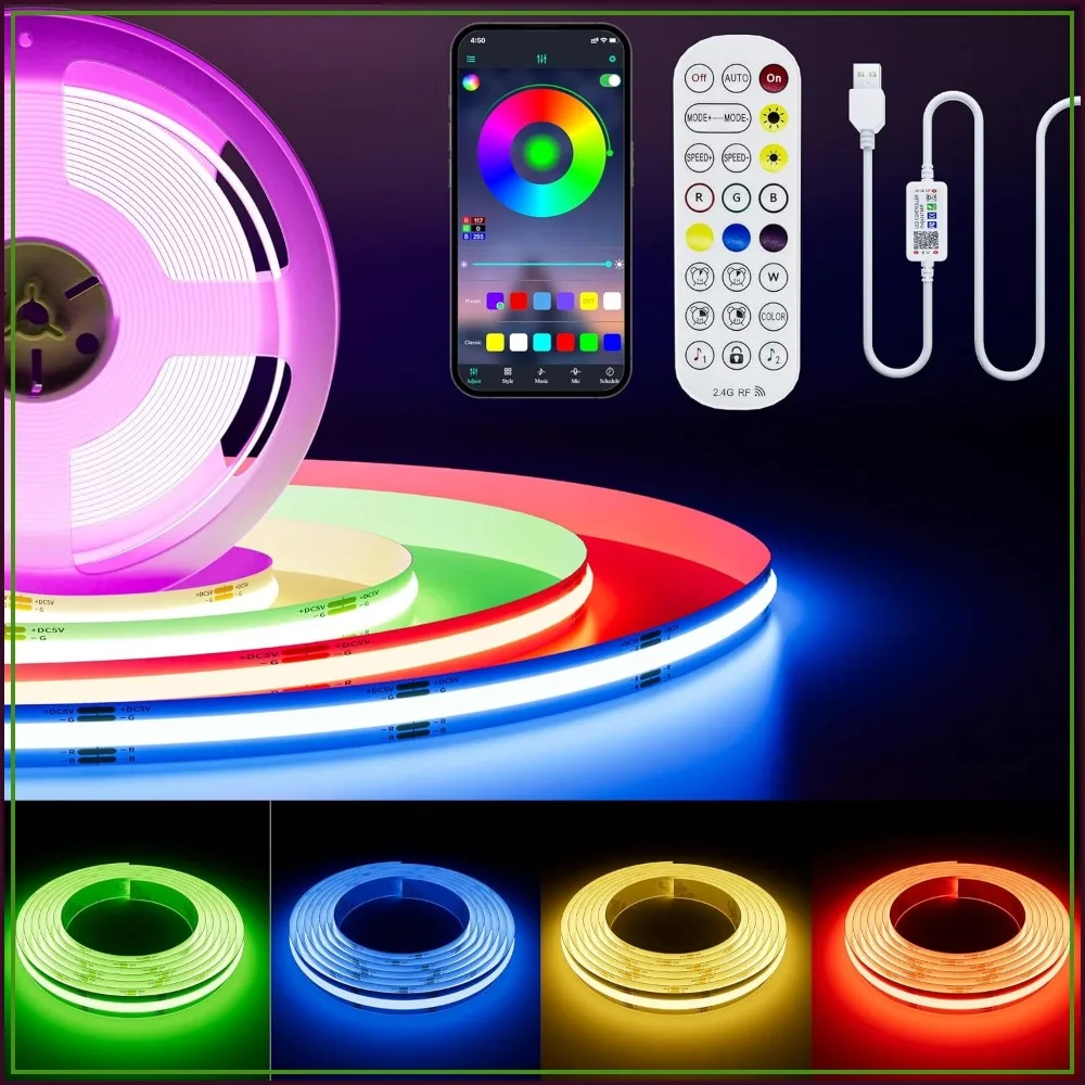 5V USB COB RGB LED Strip Light 1.5m, 1224 LEDs, Bluetooth & RF Remote Control, Memory Function, Flexible TV Backlight for Home DIY