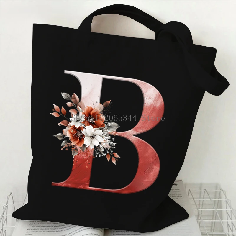 Red Rose Printing 26 Floral Alphabet A-Z Women\'s Handbags Reusable Soft Canvas Shopping Bags Fashion Vintage Letter Shoulder Bag