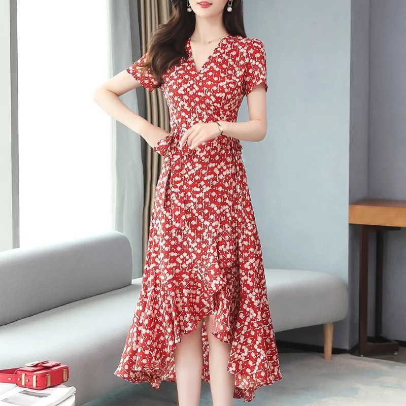 2023 New Summer Elegant and Fashionable V-neck Fashion Printed Belt Slim Fit and Irregular Belly Covering Women's Dress