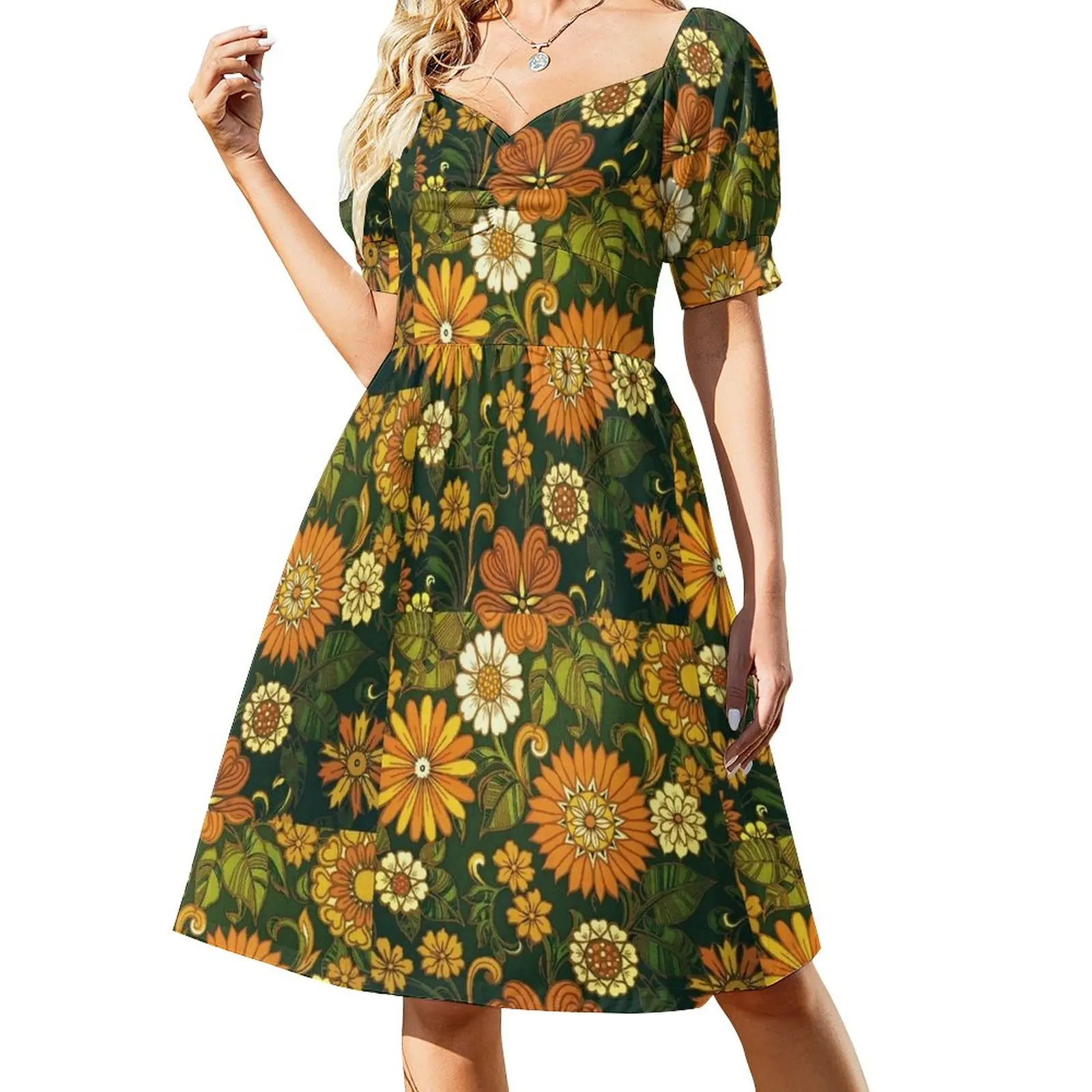 

Green and Orange 70s Pattern Dress chic and elegant woman dress Long dresses Elegant gowns