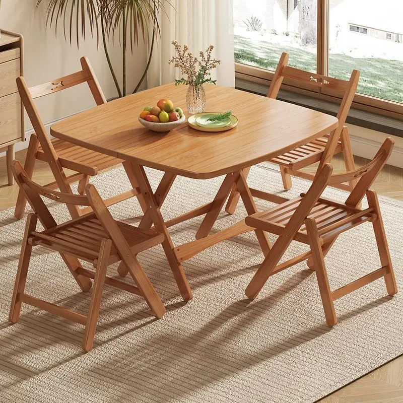 Bamboo wood folding table portable household balcony simple square table small apartment rental room dining table set