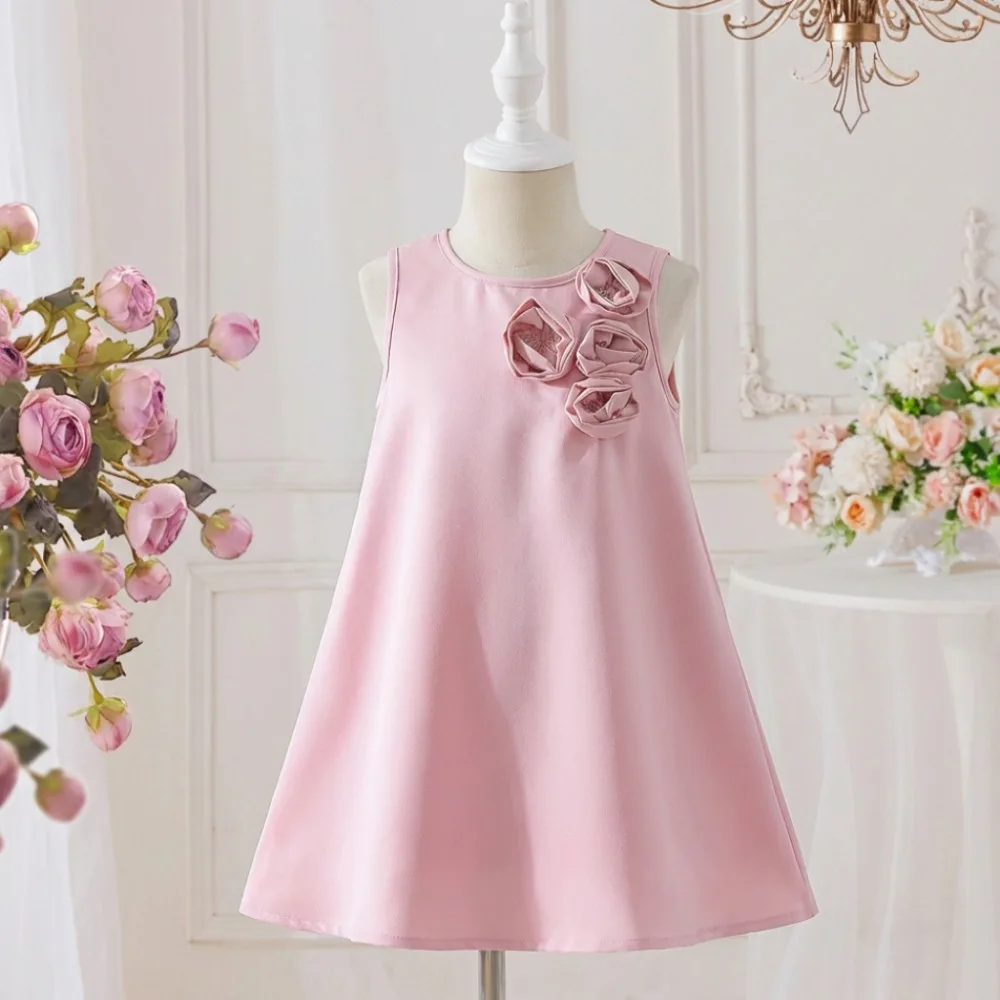Süße und Niedliche Rosa Sommer-Freizeitkleidung für Mädchen im Alter von 3-7 Jahren 3D-Blumen Ärmelloses Prinzessinnen-Trägerkleid Koreanische Version
