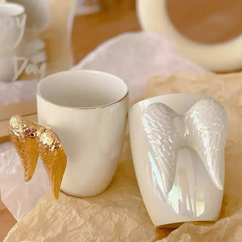 Ins Style White Ceramic Mug, Angel Wings,Office,,Coffee,Milk,Porcelain Cup,Creative Drinkware Mugs,Couple Unique Gift,400ml