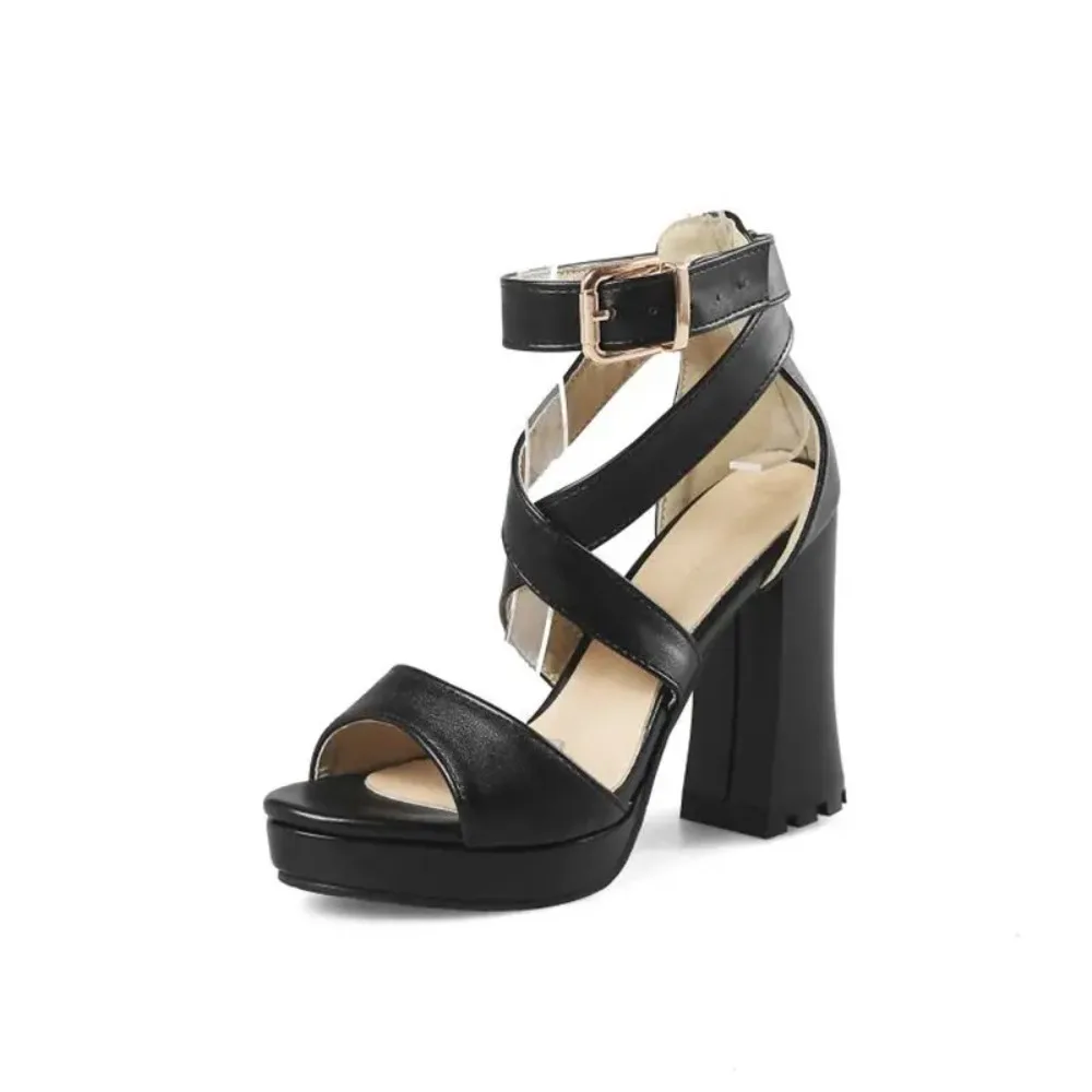 Women Ankle Strap Platform Sandals 11CM Block High Heels Open Toe Big Size 32-50 Black Yellow White Party Dress Shoes T8675 view 2
