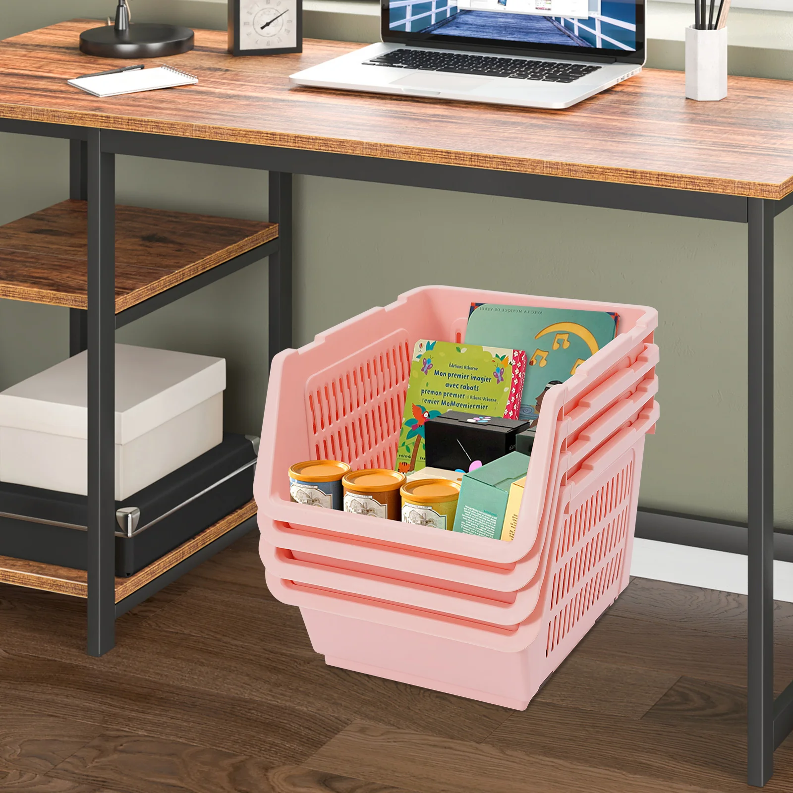 4 عبوات من سلال تخزين كبيرة قابلة للتكديس، صناديق تنظيم PP مستطيلة باللون الوردي، أرفف خزانة منزلية متعددة الأغراض، سعة 55 رطلاً #1