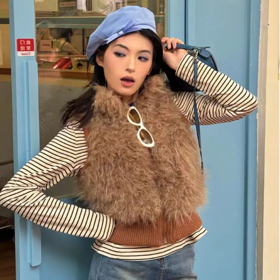 

Vests Waistcoats Thick Womens For Ladies Spring Patchwork Cropped Minimalist Preppy Youthful Cleanfit Gentle Softy Breathable OL