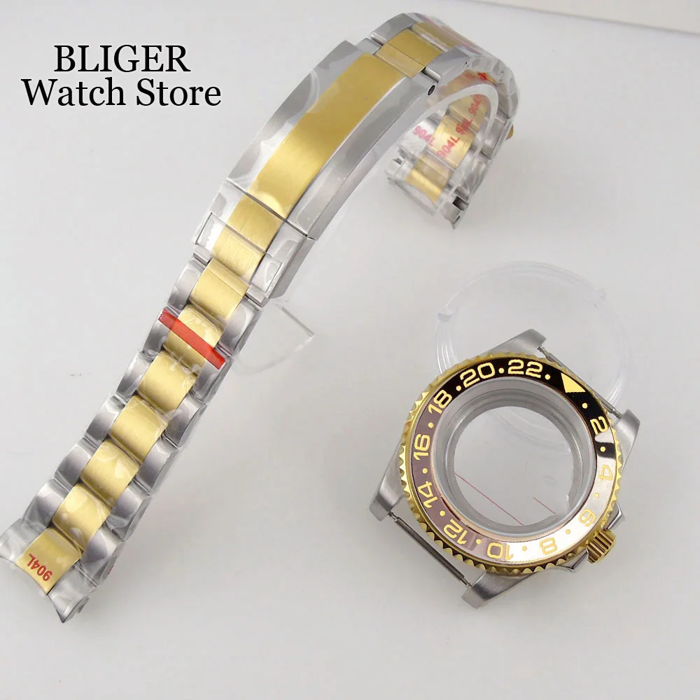 40mm Watch Case fit NH35A NH36A NH34A PT5000 MIYOTA 8215 Two Tone Gold Steel Bracelet Grey Black Ceramics Insert