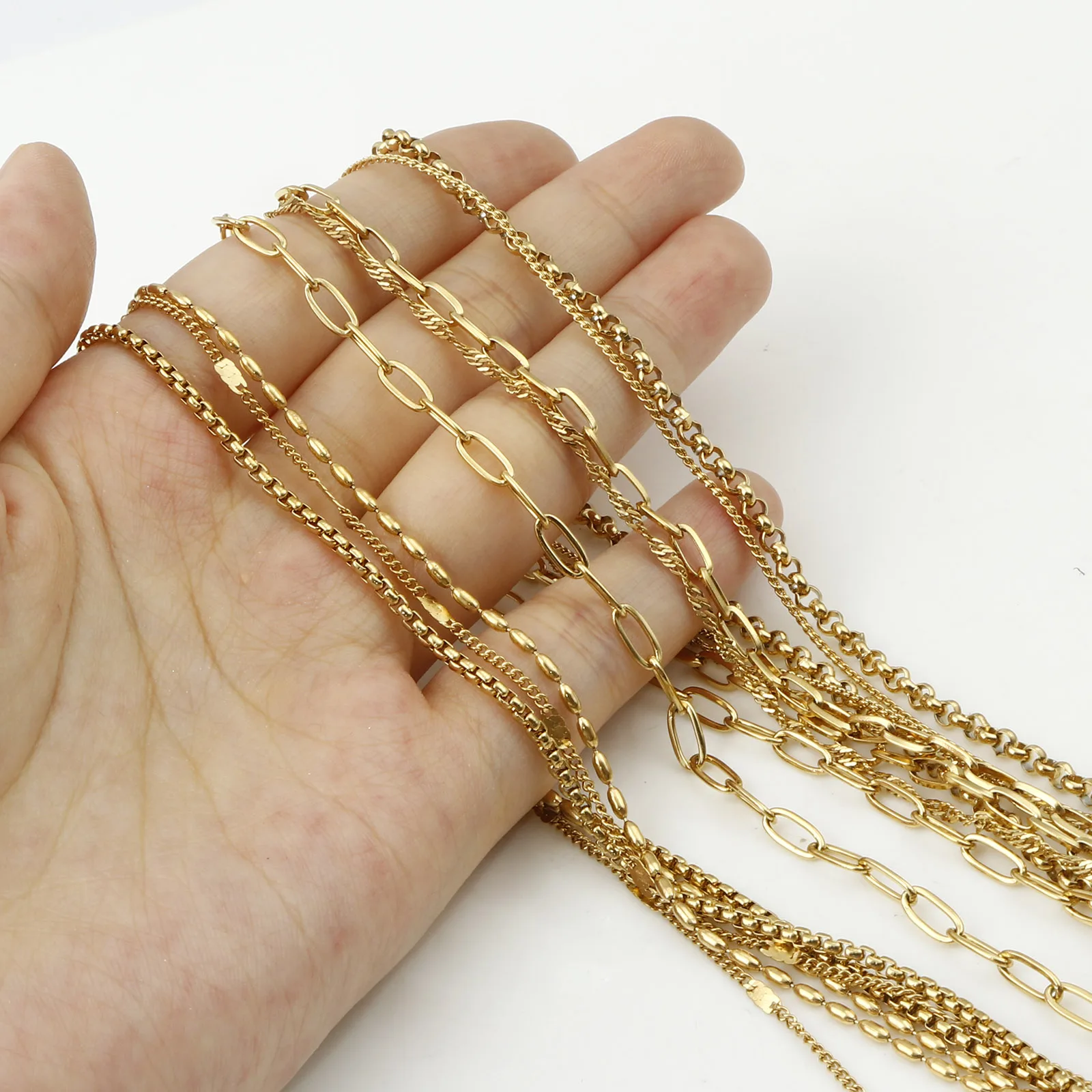 1pc Stainless Steel Necklace Gold Color Geometric Link Cable Chain Necklace For Women Men Collar Jewelry Gifts 45-47.5cm Long