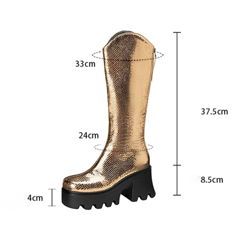 SIMLOVEYO 2025 Female Knee High Boots Winter Toe Block Heels 8.5cm Platform 4cm Zipper Plus Sizes 42 43 44 Booties