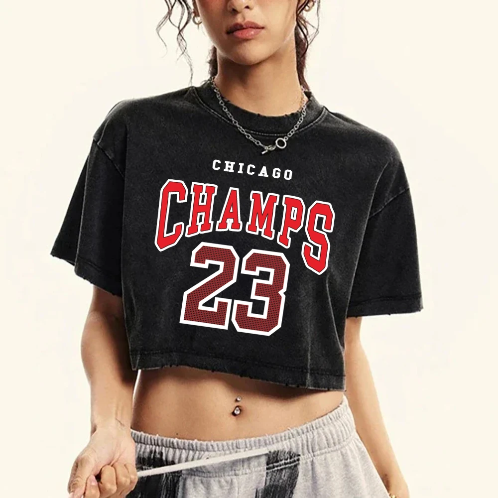 Frauen Baumwolle gewaschen T-Shirts Mode reguläre Passform O-Neck Crop Tops Chicago Champs 23 Druck Kurzarm Straße weibliche Kleidung