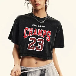 Women Cotton Washed T-Shirts Fashion Regular Fit O-Neck Crop Tops Chicago Champs 23 Printing Short Sleeve Street Female Clothes