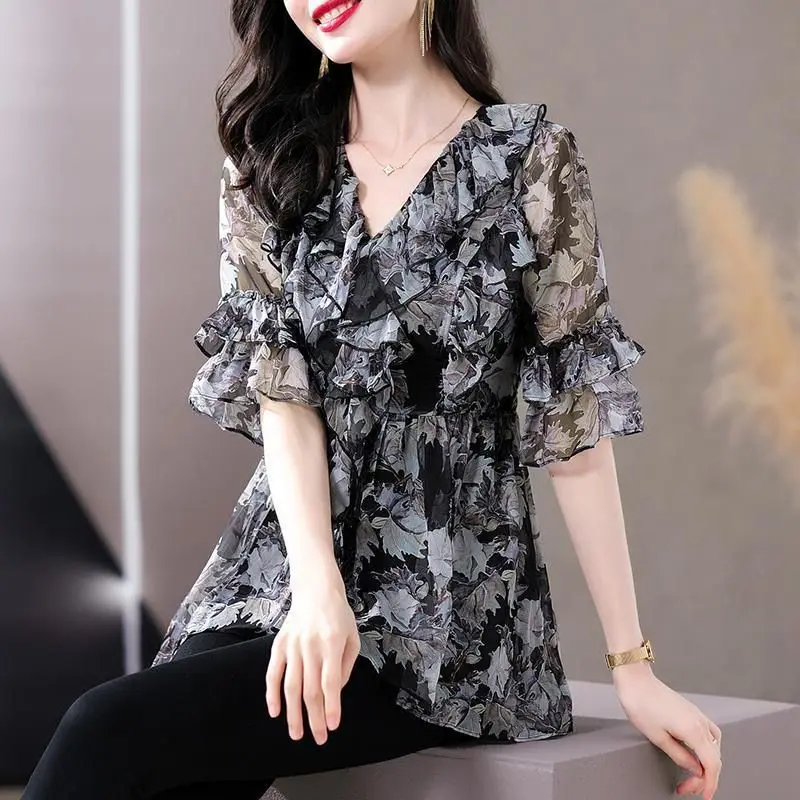 Y2K Elegant Vintage Women Chic Chiffon Shirts Summer New Office Lady Fashion Short Sleeve Casual Ruffles V-neck Pullover Bloouse