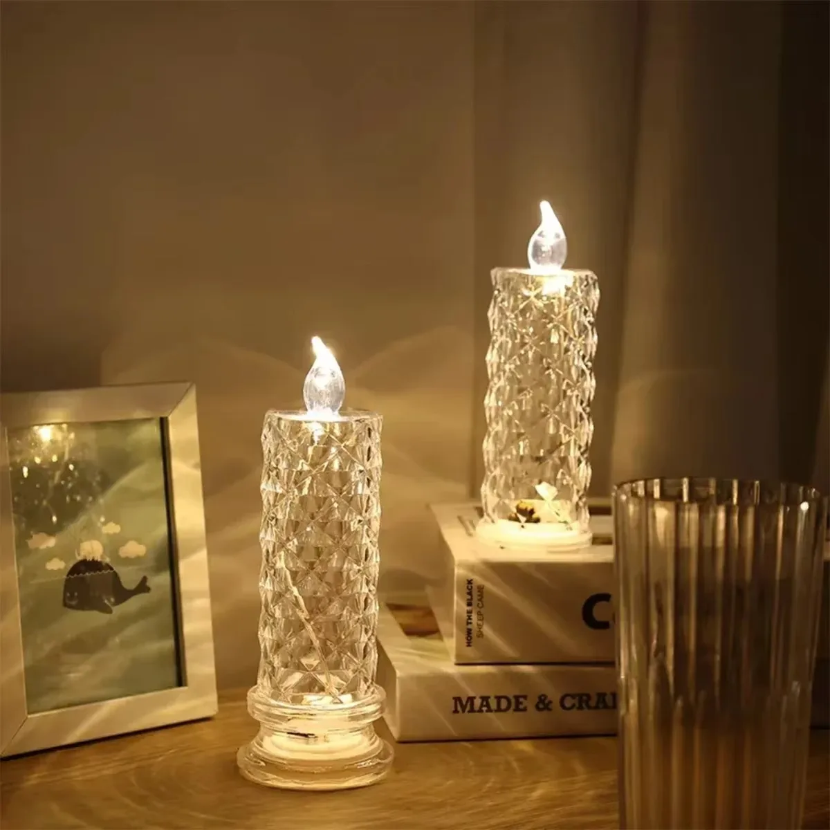 LED Candle Light, Projection Flameless Flickering Decorative Crystal Ambient for Bedroom Bedside Romantic Decor Gift Home