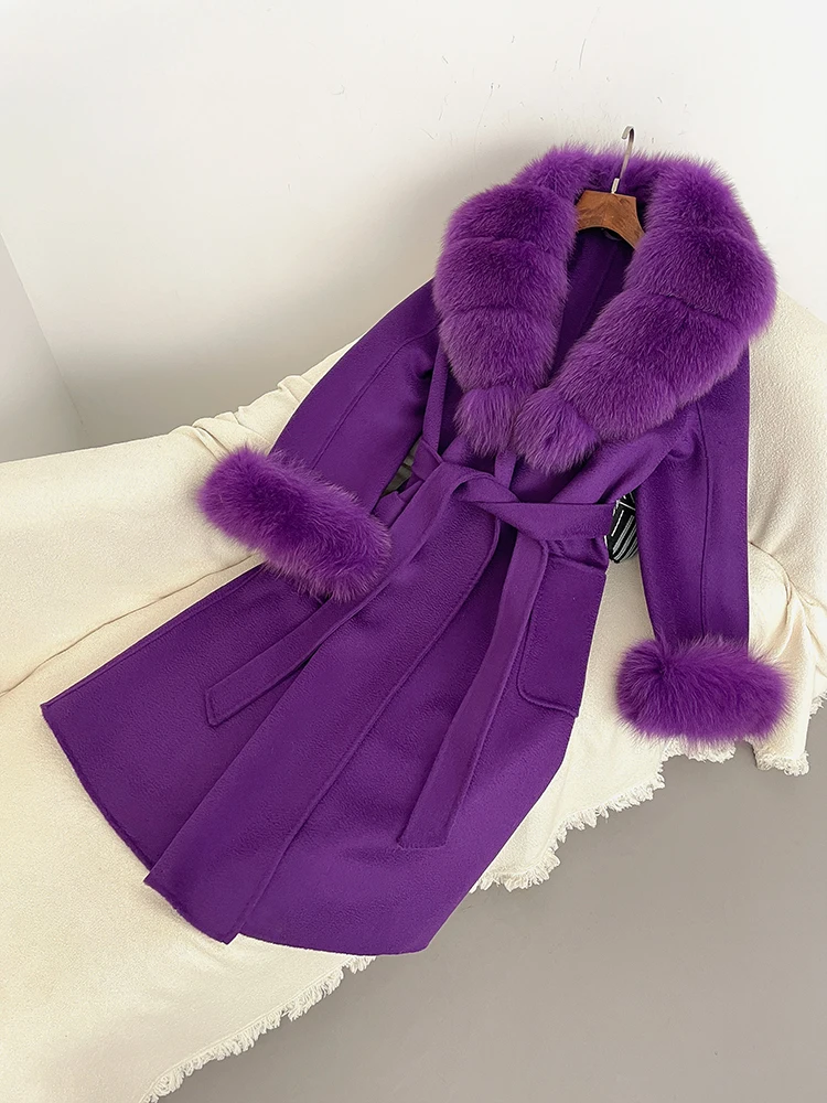 2025 inverno feminino real pele de raposa lã mistura casaco elegante jaqueta ondulações de água x-long solto turn-down colarinho outerwear