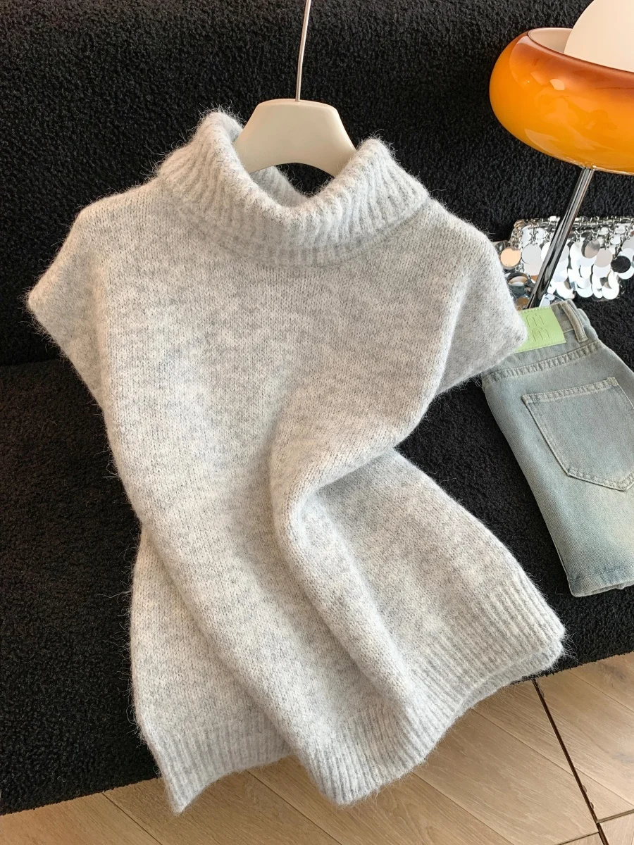 

Light ey High Collar Knitted Vest Women's Winter Layering Korean Sle Jaet oulder Sweater Top Commute Sle Loose Fit